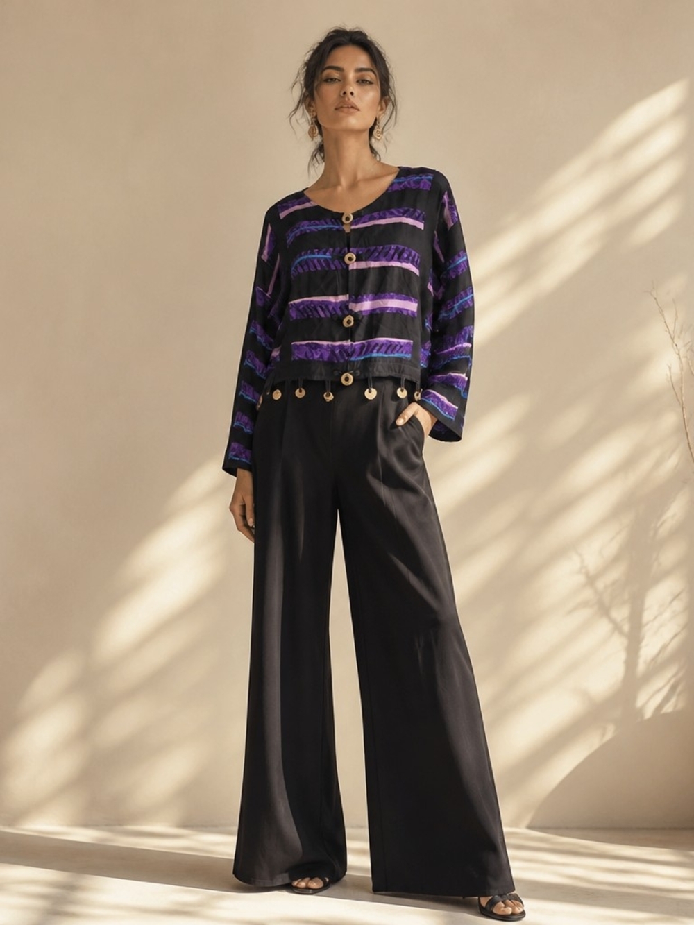 Vintage 90s Black Striped Cropped Blazer Purple Fringe Boho Batik Plus Size 2XL